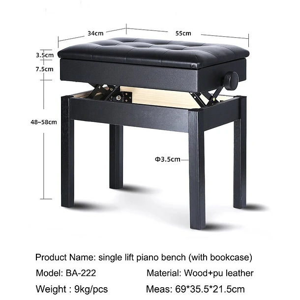 Hebikuo B212 Banqueta Para Piano de Madera Altura Regulable Con Compartimento Para Partituras 2