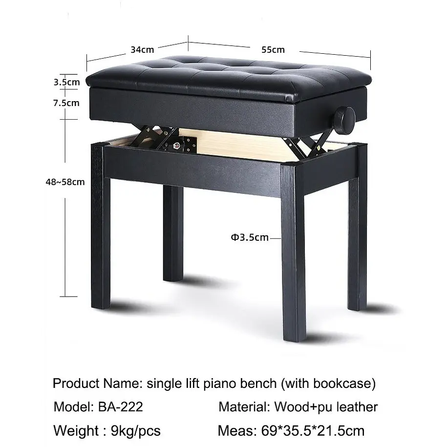 Hebikuo B212 Banqueta Para Piano de Madera Altura Regulable Con Compartimento Para Partituras 2