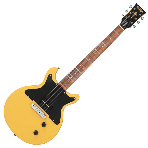 Vintage V130 ProShop Custom Guitarra Eléctrica Doble Cutaway Matte TV Yellow Con Pastilla Bare Knuckle P90 V130PU3695 1