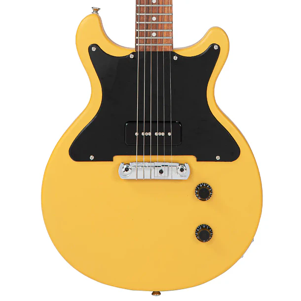 Vintage V130 ProShop Custom Guitarra Eléctrica Doble Cutaway Matte TV Yellow Con Pastilla Bare Knuckle P90 V130PU3695 2