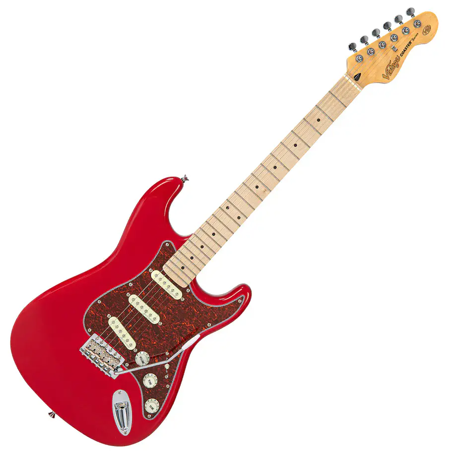 Vintage V60 Maple Coaster Guitarra Eléctrica Doble Cutaway Gloss Red Diapasón de Arce 3 Pastillas Single Coil V60MRD 1