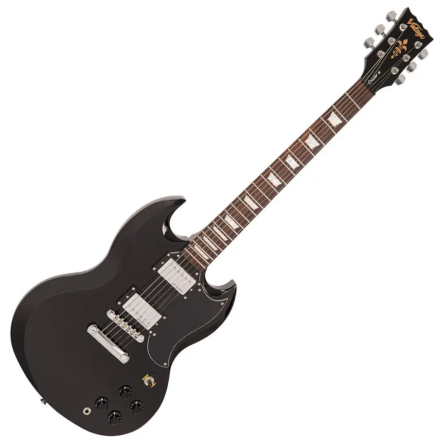 Vintage V69 Coaster Guitarra Eléctrica Doble Cutaway Gloss Black 2 Pastillas Doble Bobina Alan Entwistle V69BLK 1