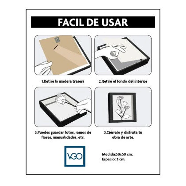 VGO SHBS5050-W Marco Shadow Box 50x50 de MDF y Vidrio Blanco Con Profundidad de 3,5 cm 3
