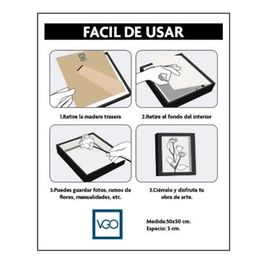 VGO SHBS5050-W Marco Shadow Box 50x50 de MDF y Vidrio Blanco Con Profundidad de 3,5 cm 3