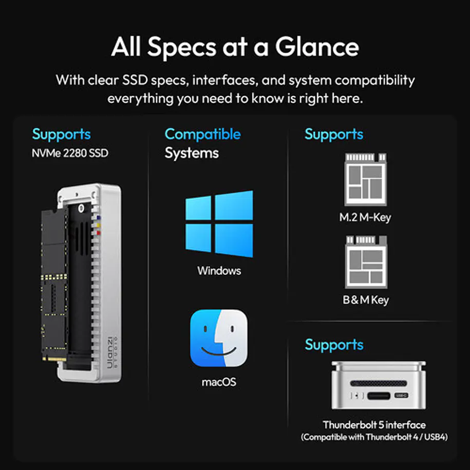 Ulanzi DT580 Gabinete Para SSD M.2 NVMe Thunderbolt 5 80 Gbps Sin SSD Incluido UL-I006 8