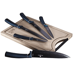 Set de cuchillos de 6 piezas azul marino con tabla de cortar de bambú