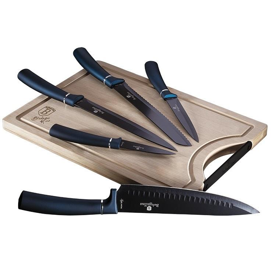 Set de cuchillos de 6 piezas azul marino con tabla de cortar de bambú