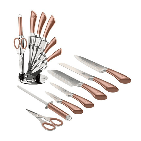 Set de cuchillos de 8 piezas con soporte acrílico oro rosa