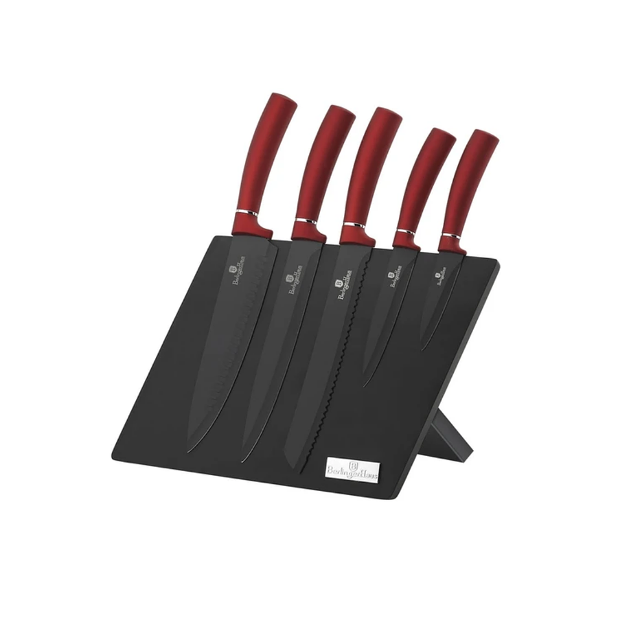 Set de cuchillos de 6 piezas color negro/rojo con soporte de madera magnético 