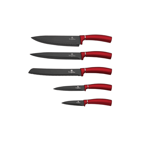 Set de cuchillos de 6 piezas color negro/rojo con soporte de madera magnético 