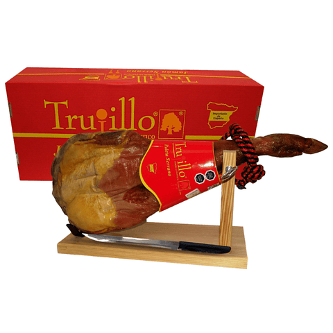 Caja paleta de Jamón Serrano Trujillo ET. Roja 4,0 kilos + atril y cuchillo