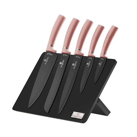 Set de cuchillos de 6 piezas con soporte magnético color rosa metálico