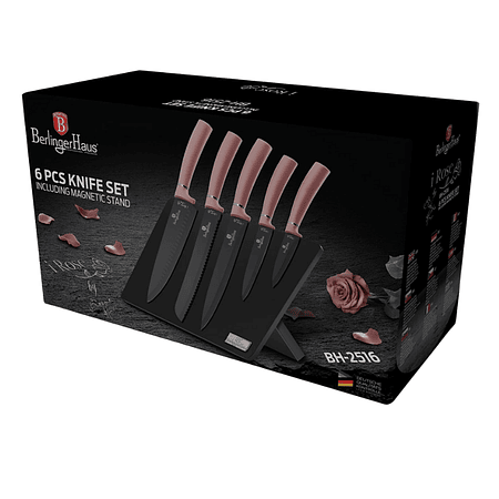 Set de cuchillos de 6 piezas con soporte magnético color rosa metálico