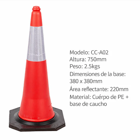 Cono de tránsito naranjo 75 cm con bandas reflectantes y base ancha