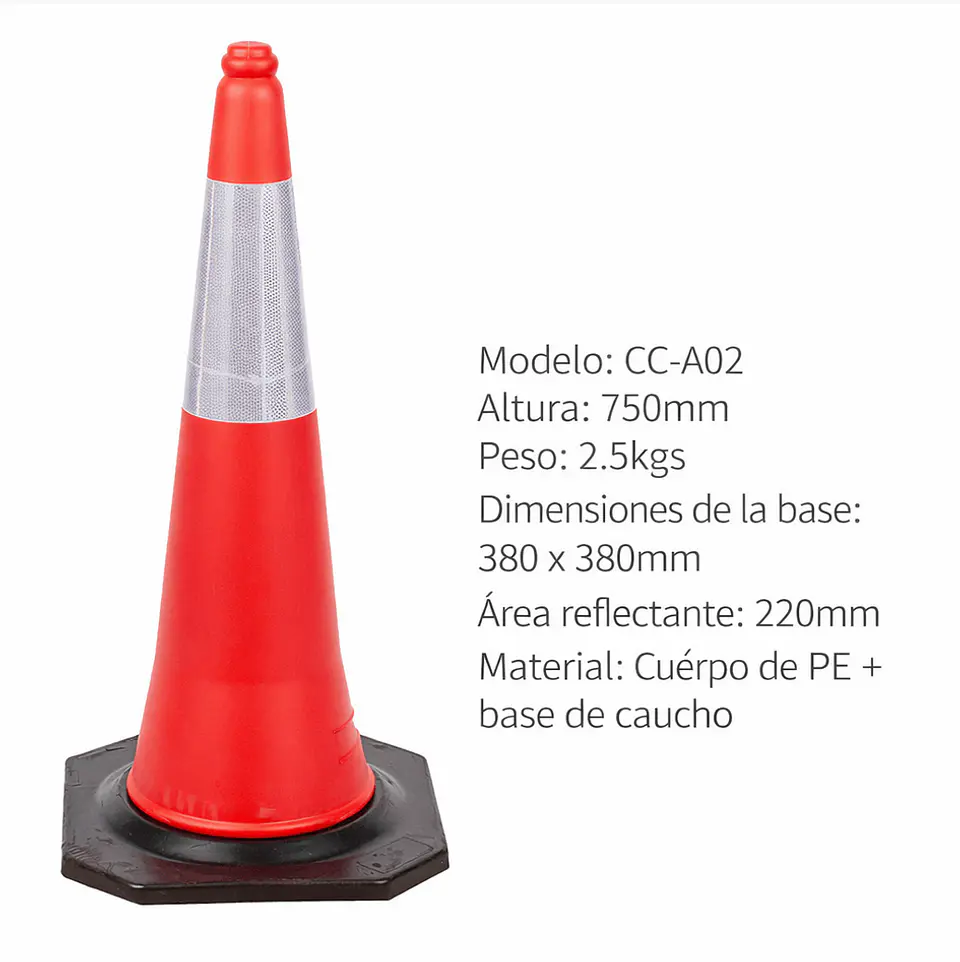 Cono de tránsito naranjo 75 cm con bandas reflectantes y base ancha 1