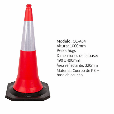 Cono de tránsito naranjo 100 cm con bandas reflectantes y base ancha