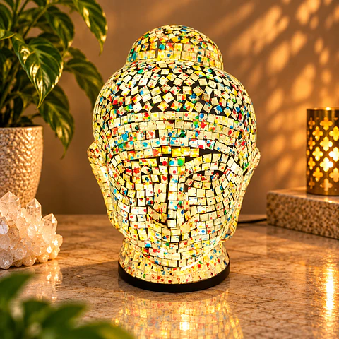 Lámpara Cabeza de Buda Siddharta Gautama Mosaico Artesanal