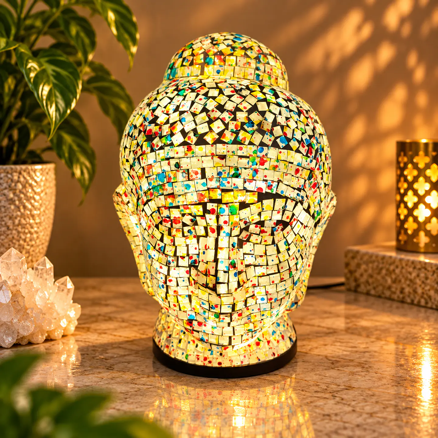 Lámpara Cabeza de Buda Siddharta Gautama Mosaico Artesanal 2