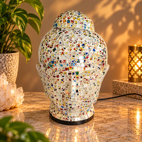 Lámpara Cabeza de Buda Siddharta Gautama Mosaico Artesanal