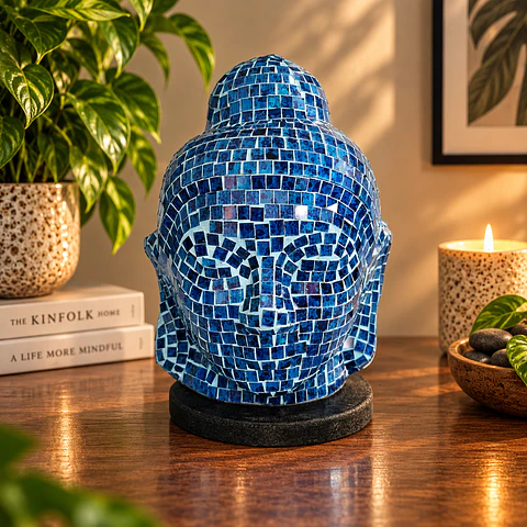 Lámpara Cabeza de Buda Siddharta Gautama Mosaico Artesanal – Azul