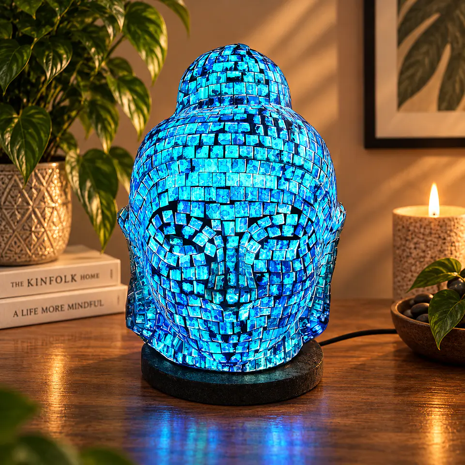 Lámpara Cabeza de Buda Siddharta Gautama Mosaico Artesanal – Azul 2
