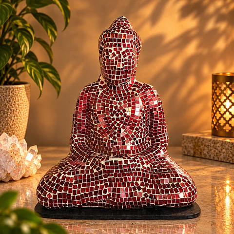 Lámpara Buda Dhyana Mudra Mosaico Artesanal – Rojo