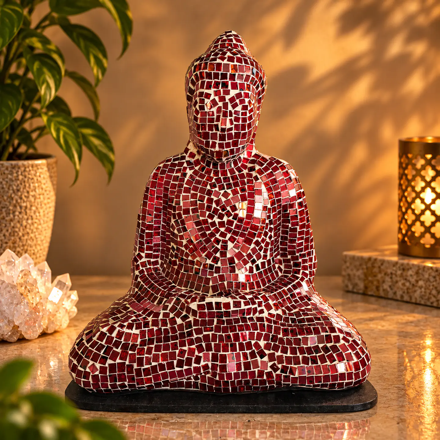 Lámpara Buda Dhyana Mudra Mosaico Artesanal – Rojo 1