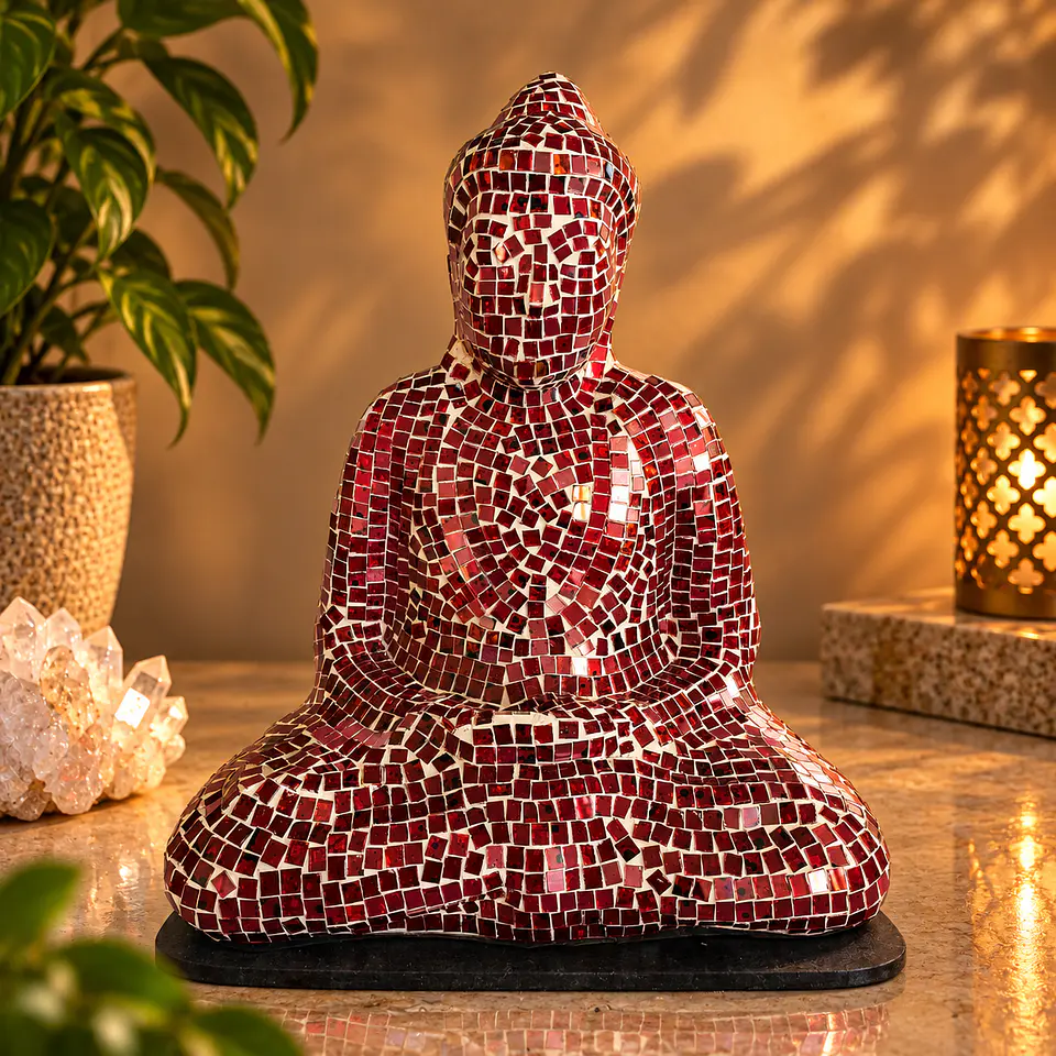 Lámpara Buda Dhyana Mudra Mosaico Artesanal – Rojo 1