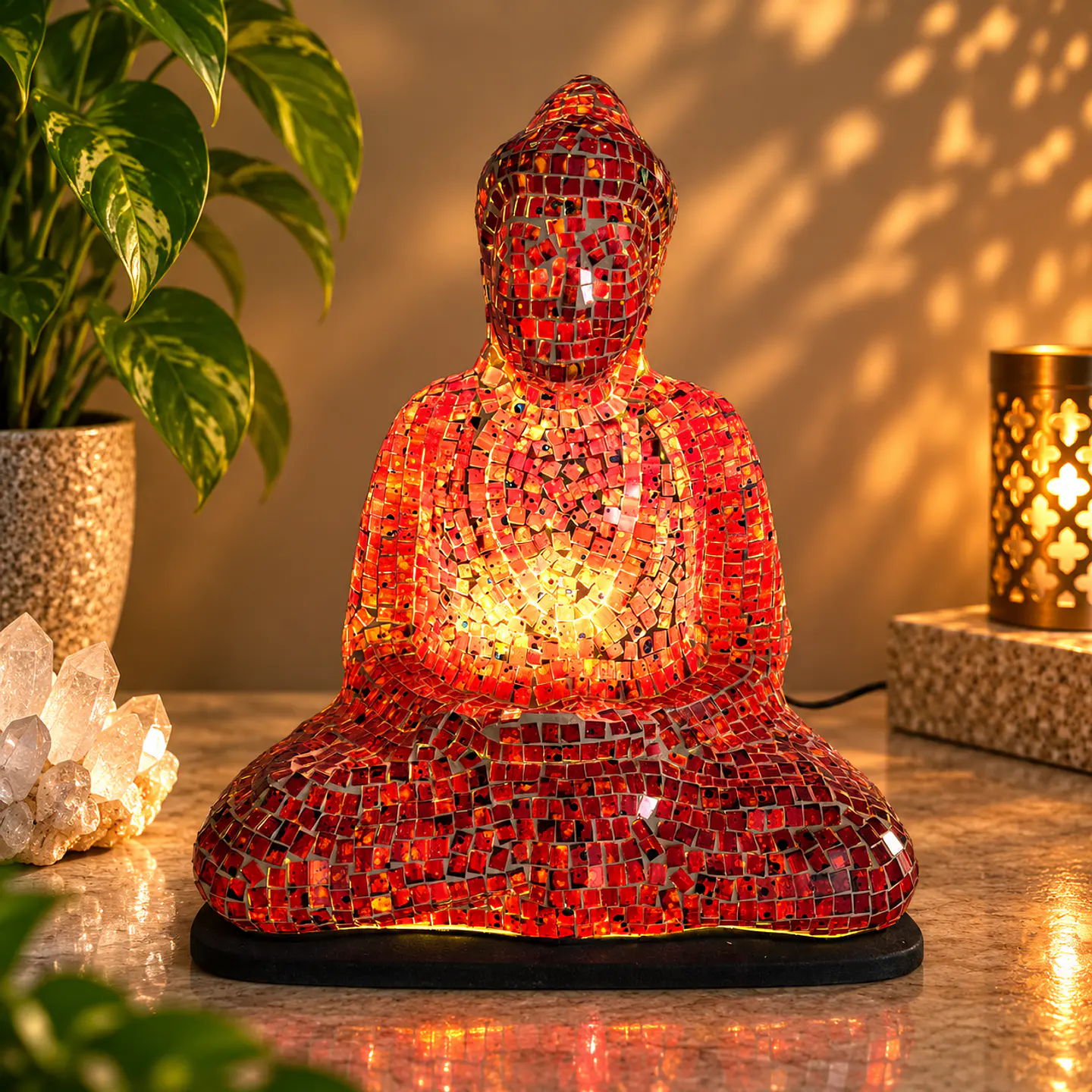 Lámpara Buda Dhyana Mudra Mosaico Artesanal – Rojo 2