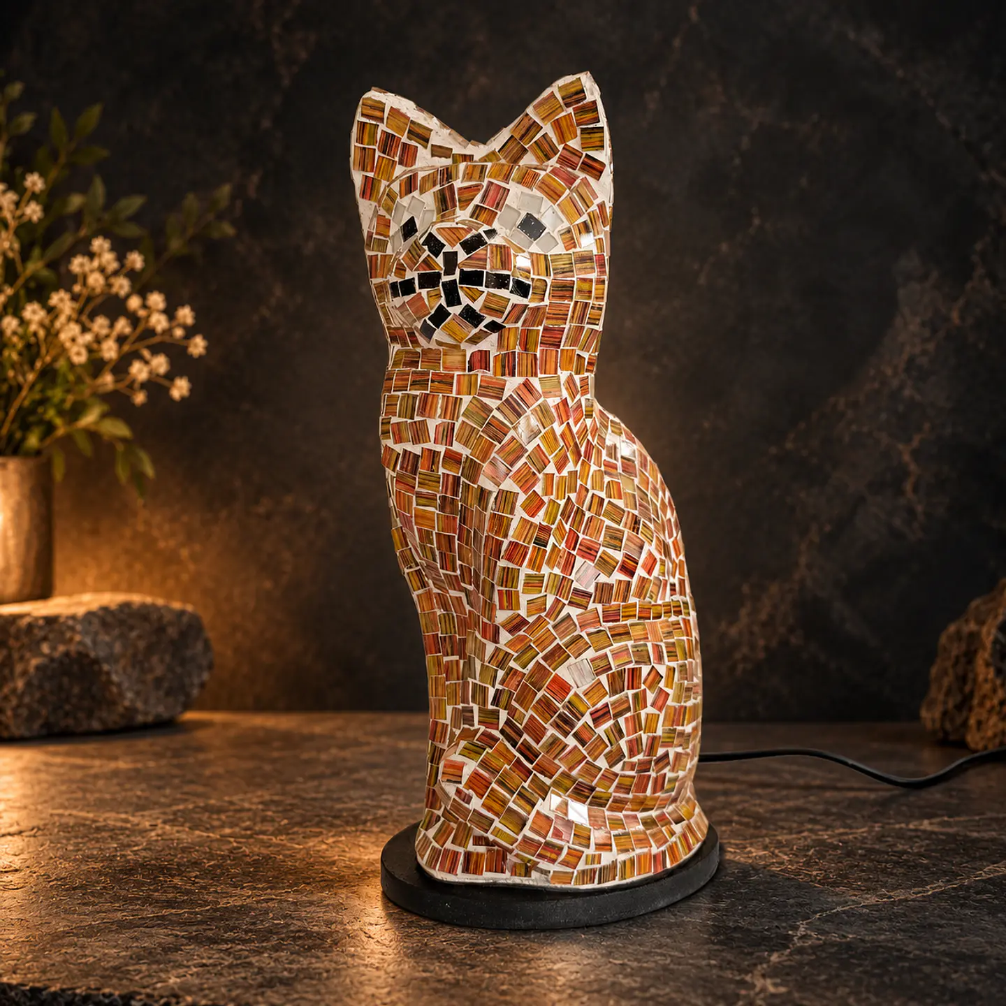 Lámpara Gato Mosaico Artesanal – Café, Ámbar y Negro 1