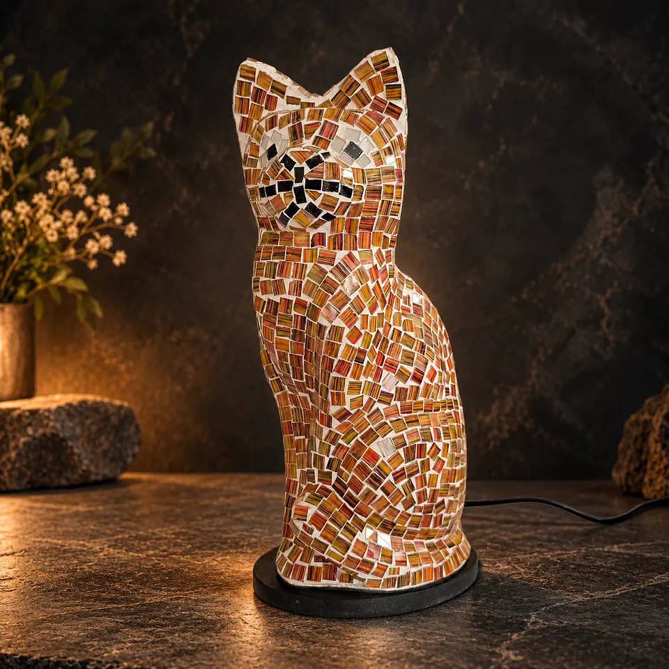 Lámpara Gato Mosaico Artesanal – Café, Ámbar y Negro 1