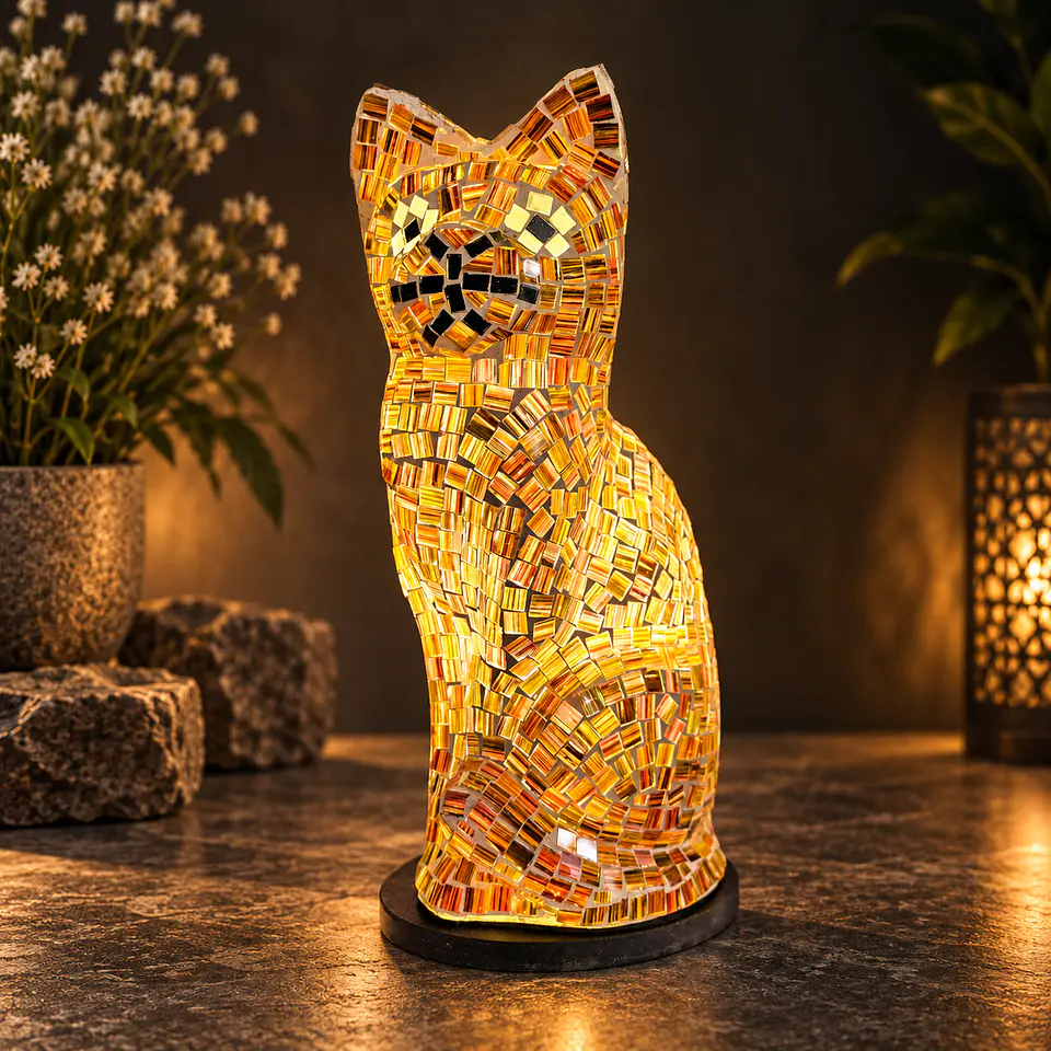 Lámpara Gato Mosaico Artesanal – Café, Ámbar y Negro 2