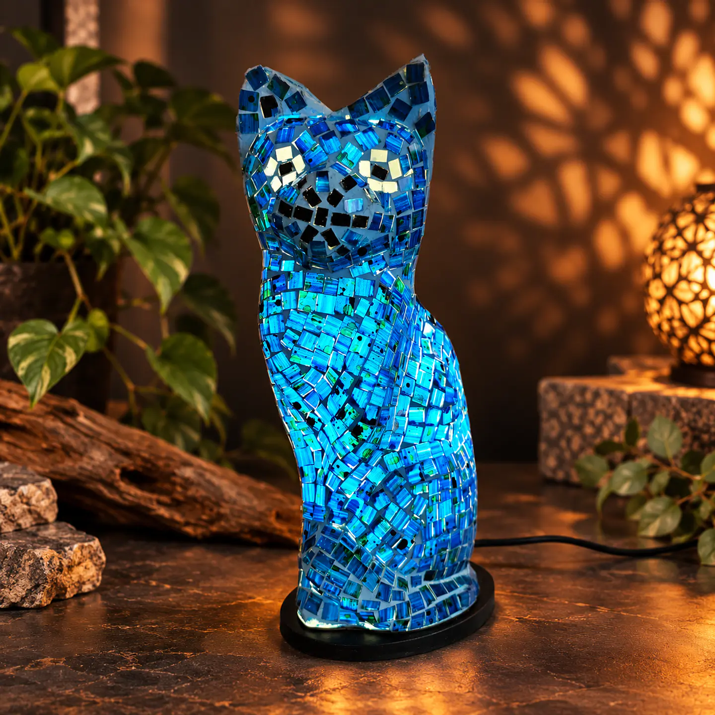 Lámpara Gato Mosaico Artesanal – Azul 2