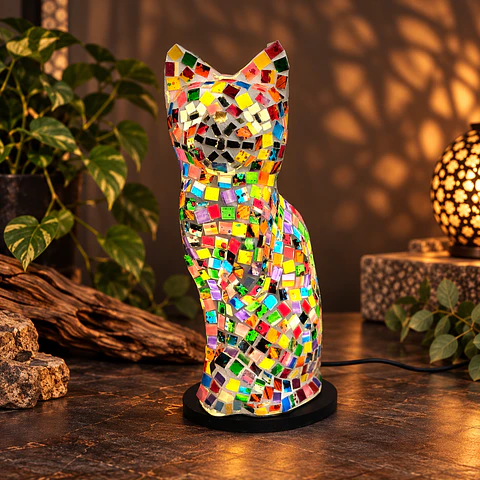 Lámpara Gato Mosaico Artesanal – Multicolor Arcoíris