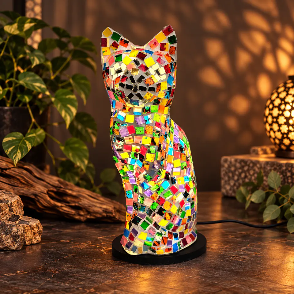 Lámpara Gato Mosaico Artesanal – Multicolor Arcoíris 2