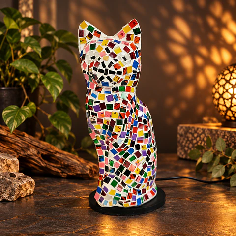 Lámpara Gato Mosaico Artesanal – Multicolor Arcoíris
