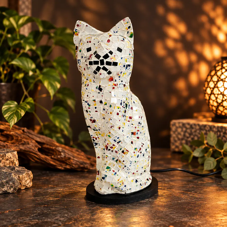 Lámpara Gato Mosaico Artesanal – Blanco Multicolor 1