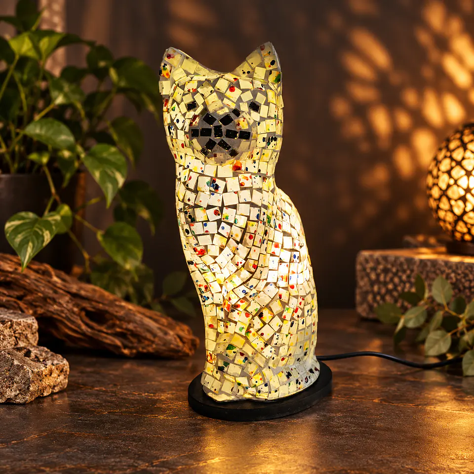 Lámpara Gato Mosaico Artesanal – Blanco Multicolor 2