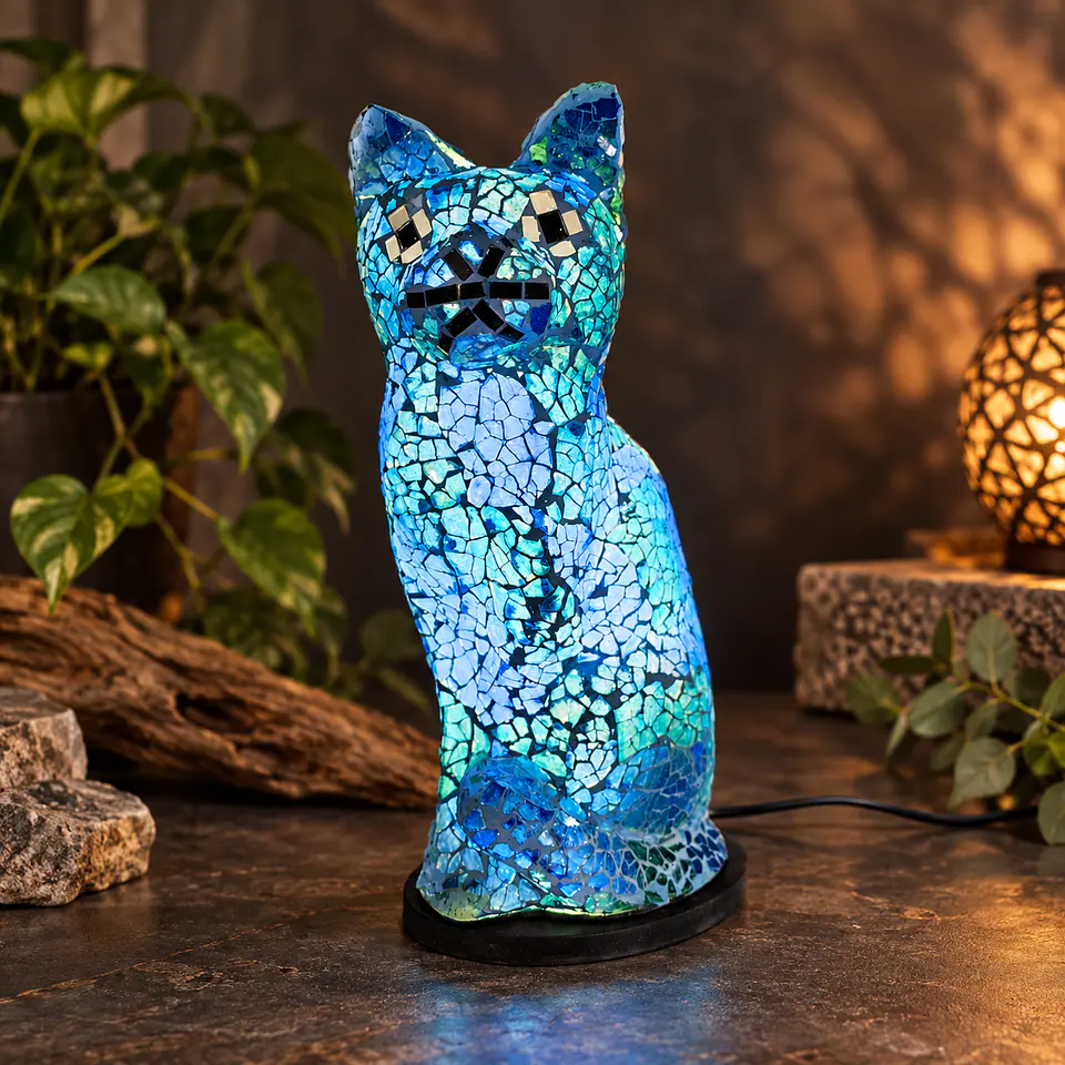 Lámpara Gato Mosaico Artesanal – Azul y Blanco 2