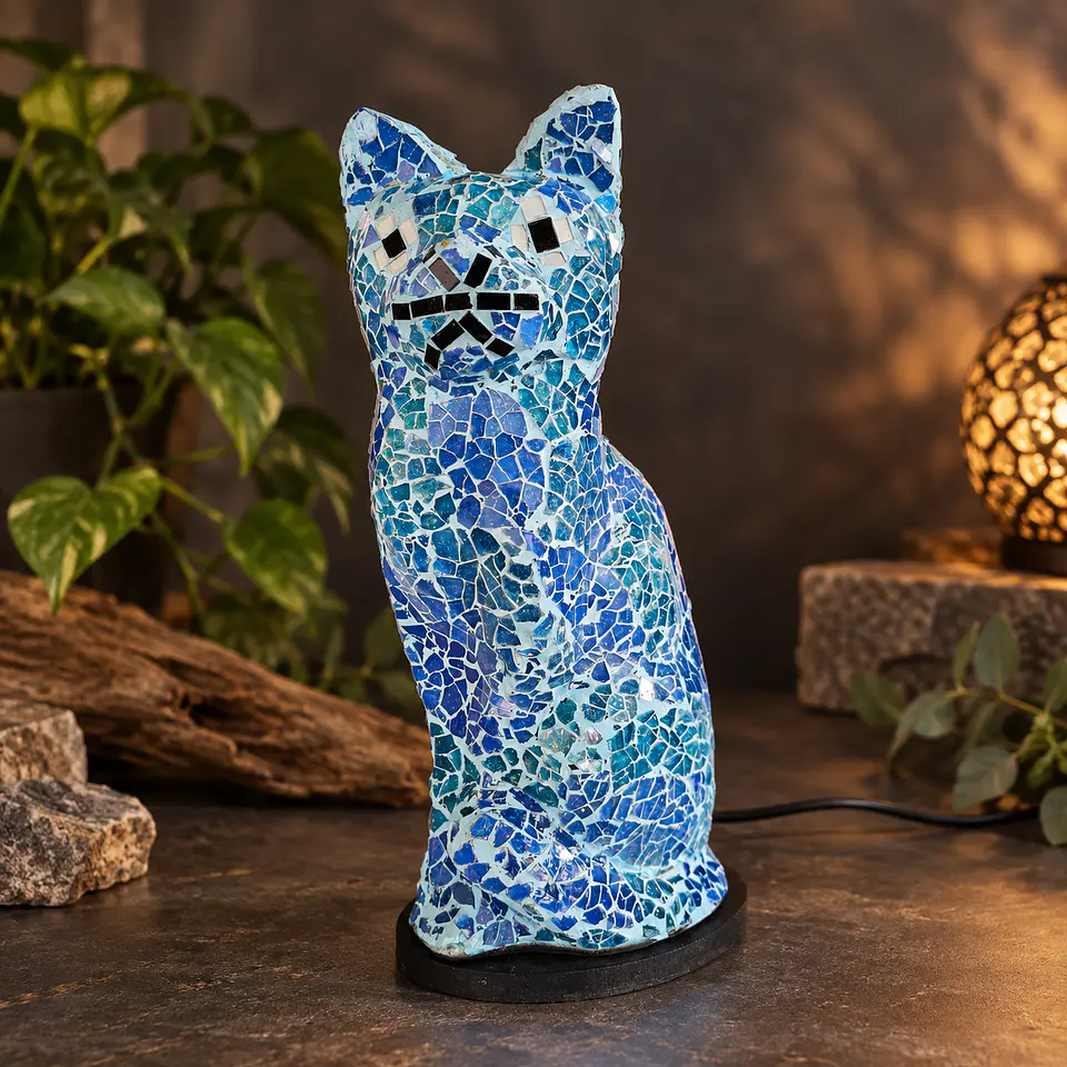 Lámpara Gato Mosaico Artesanal – Azul y Blanco 1