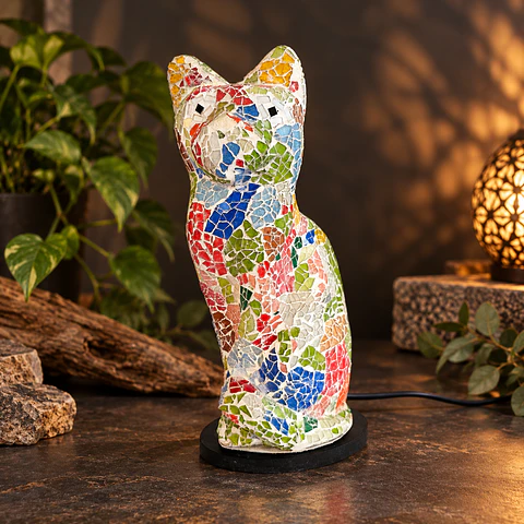 Lámpara Gato Mosaico Artesanal – Multicolor