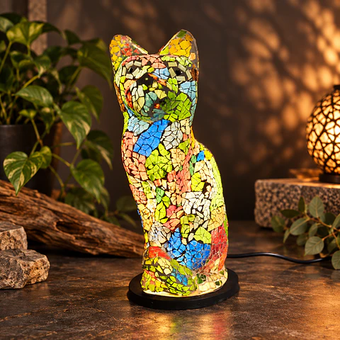 Lámpara Gato Mosaico Artesanal – Multicolor
