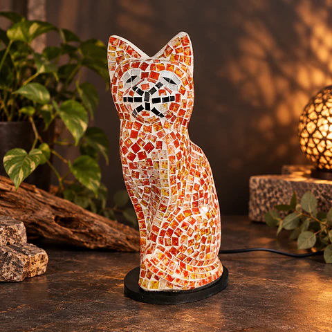 Lámpara Gato Mosaico Artesanal – Rojo, Naranjo y Blanco
