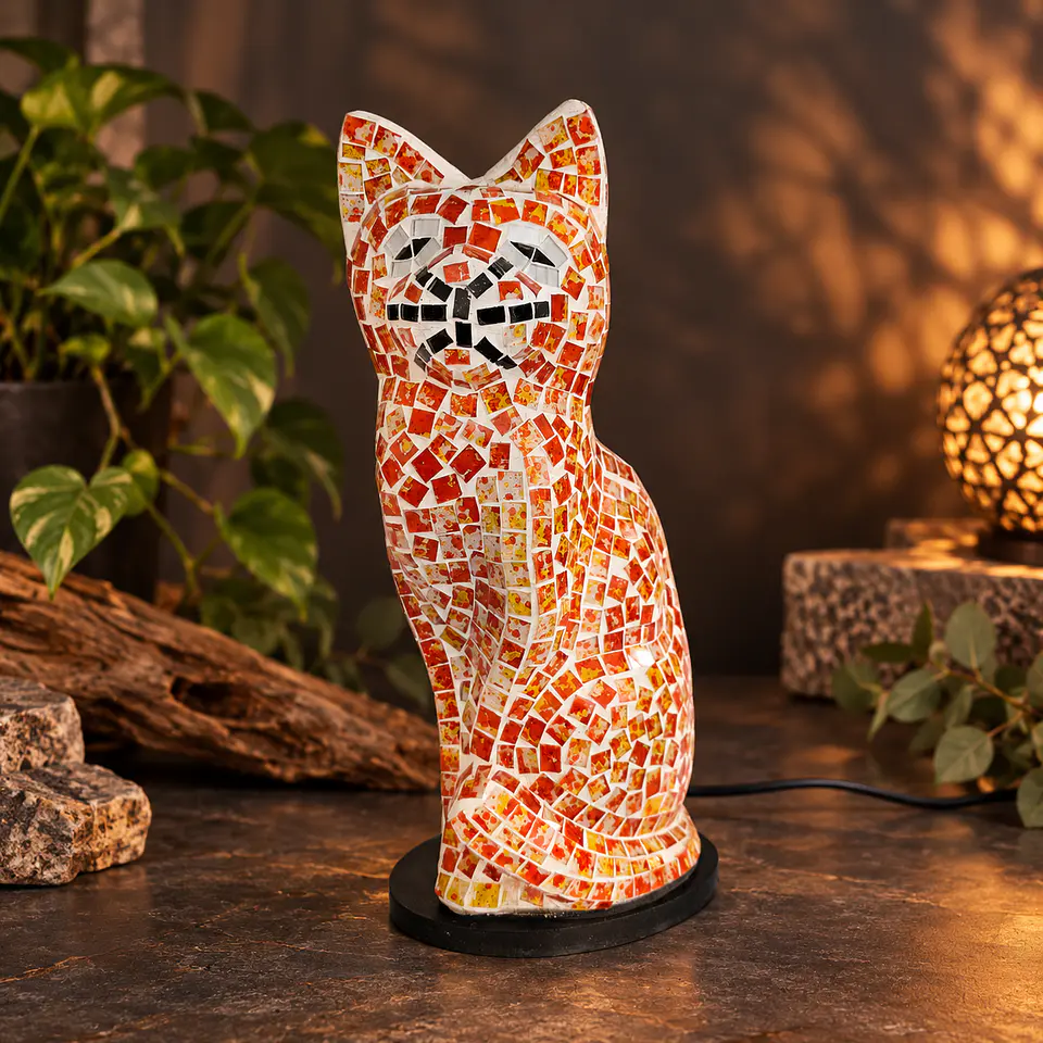 Lámpara Gato Mosaico Artesanal – Rojo, Naranjo y Blanco 1