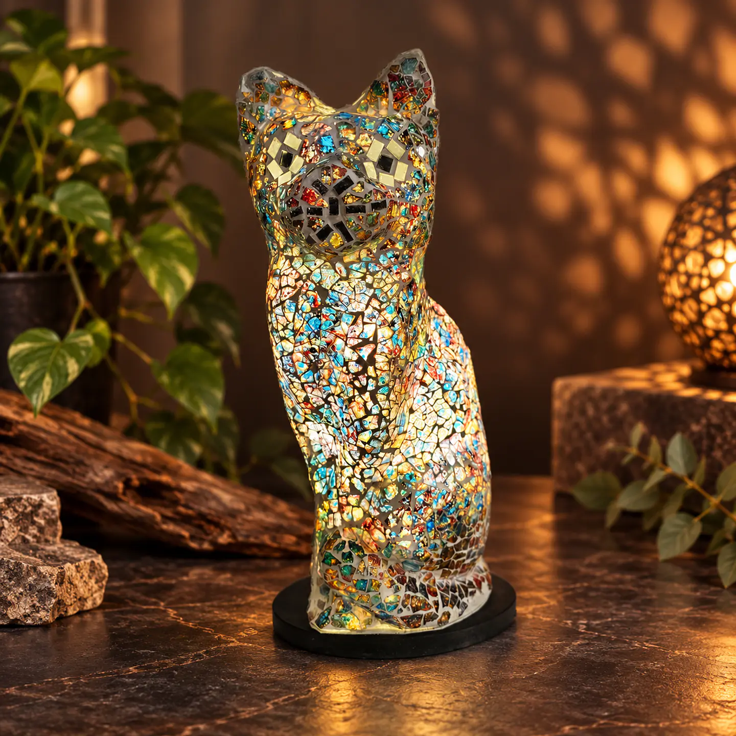 Lámpara Gato Mosaico Artesanal – Blanco, Café y Negro 2