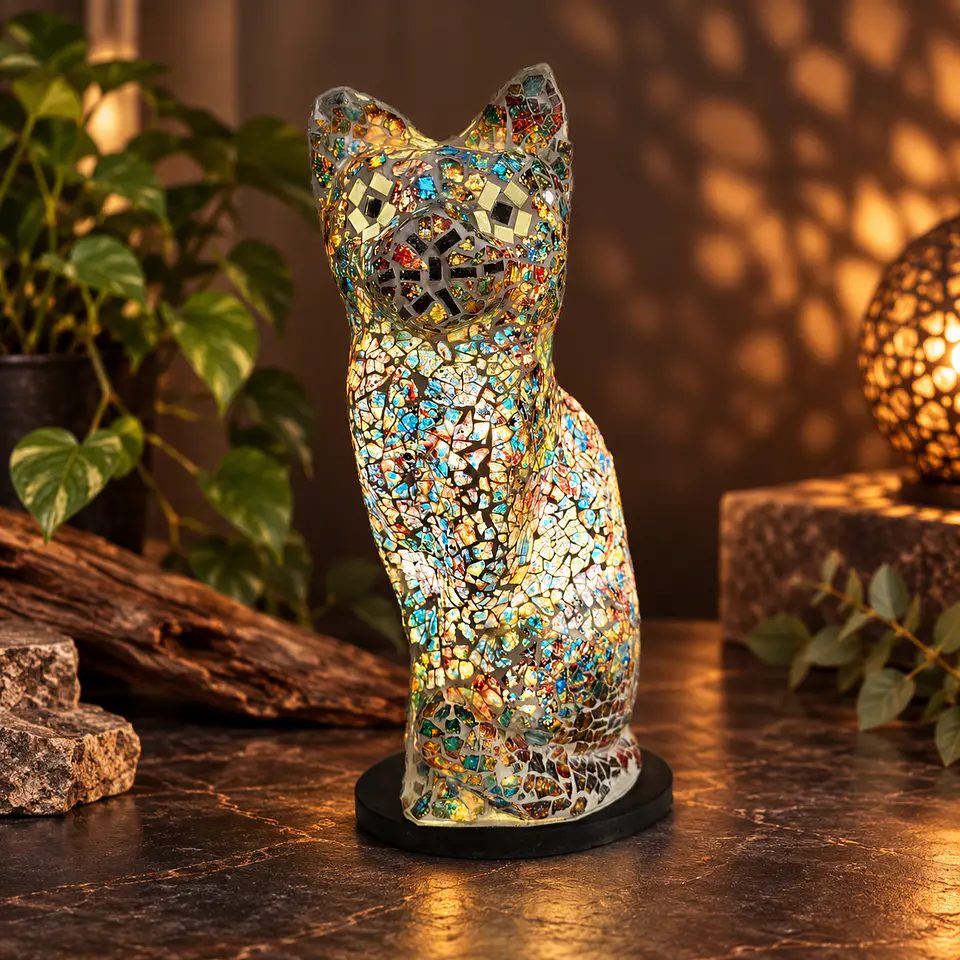 Lámpara Gato Mosaico Artesanal – Blanco, Café y Negro 2