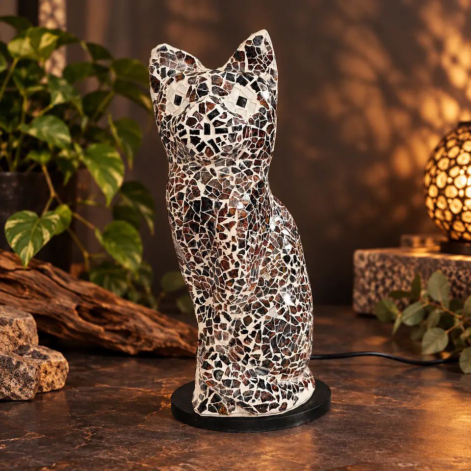 Lámpara Gato Mosaico Artesanal – Blanco, Café y Negro 1