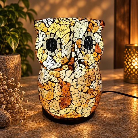 Lámpara Búho Mosaico Artesanal – Blanco y Dorado