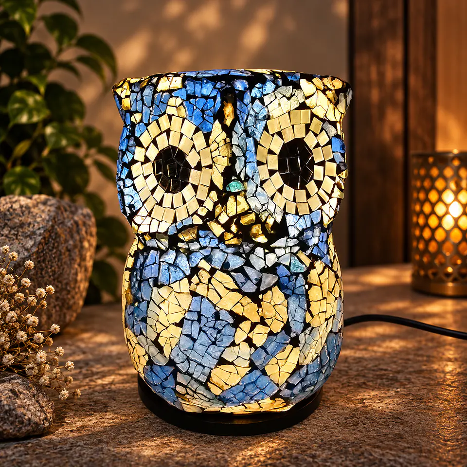 Lámpara Búho Mosaico Artesanal – Azul y Blanco 2