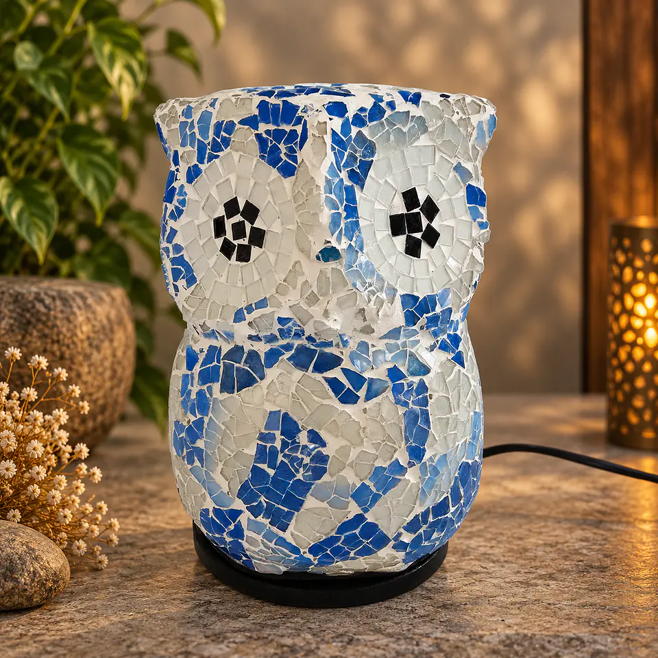 Lámpara Búho Mosaico Artesanal – Azul y Blanco 1